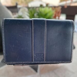 Coach Trifold Wallet Compact Clutch Navy Blue Leather with Coin Slot- EUC